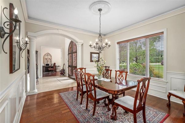 Chandelier, Dining room, Interior, Wood Texture Flooring