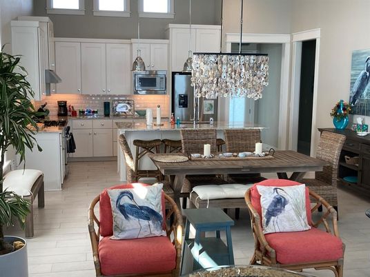Dining room, Interior, Kitchen, Pendant Lights, Stainless Steel Appliances, Wood Texture Flooring