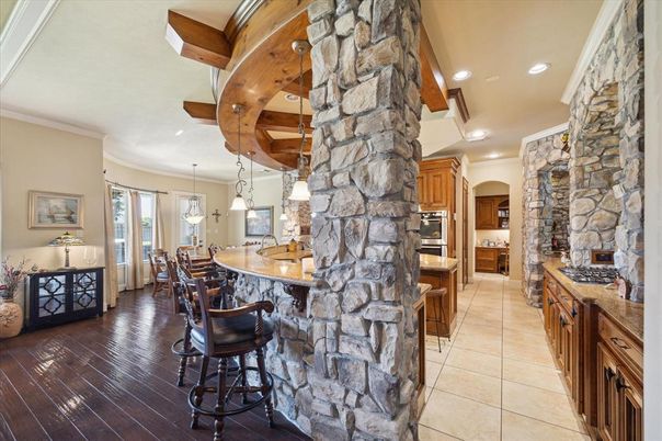 Dining room, Interior, Kitchen, Pendant Lights, Recessed Lighting, Stone Walls, Wooden Beams, Wood Texture Flooring