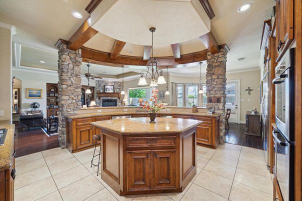 Dining room, Fireplace, Interior, Kitchen, Living room, Pendant Lights, Recessed Lighting, Wooden Beams, Wood Texture Flooring