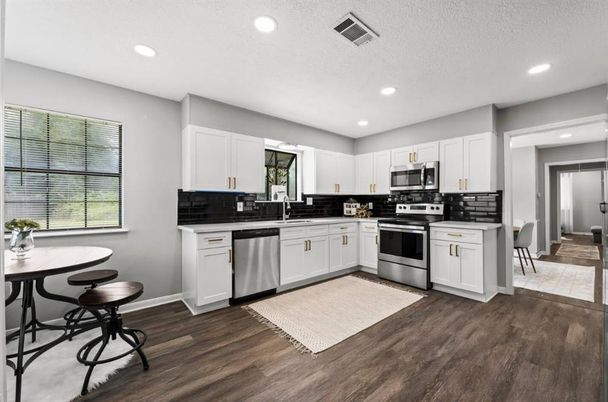 Interior, Kitchen, Recessed Lighting, Stainless Steel Appliances, Wood Texture Flooring