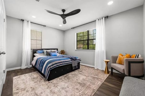 Bedroom, Interior, Recessed Lighting, Wood Texture Flooring