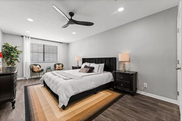 Bedroom, Interior, Recessed Lighting, Wood Texture Flooring