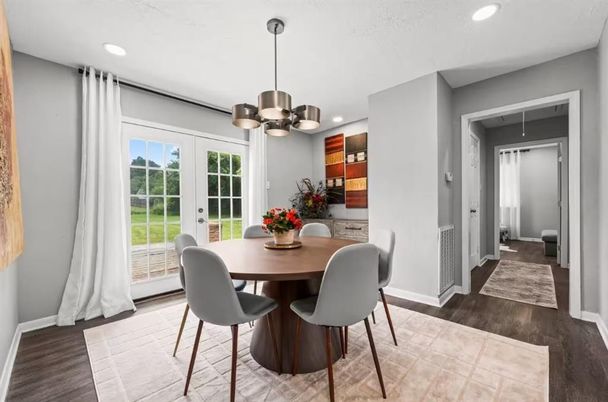 Dining room, Interior, Pendant Lights, Recessed Lighting, Wood Texture Flooring