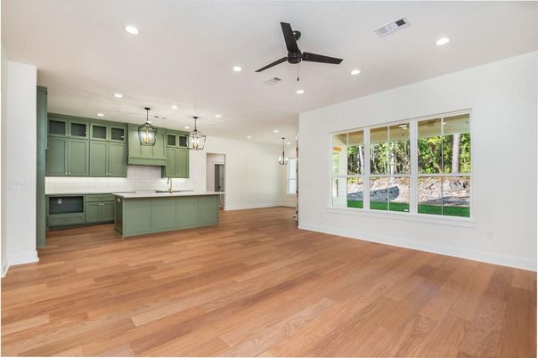 Empty room, Interior, Kitchen, Pendant Lights, Recessed Lighting, Wood Texture Flooring
