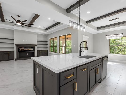 Chandelier, Fireplace, Interior, Kitchen, Marble, Pendant Lights, Recessed Lighting, Wooden Beams