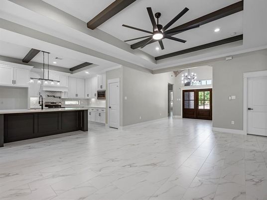 Chandelier, Interior, Kitchen, Marble, Pendant Lights, Recessed Lighting, Stainless Steel Appliances, Wooden Beams