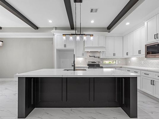 Interior, Kitchen, Marble, Pendant Lights, Recessed Lighting, Stainless Steel Appliances, Wooden Beams