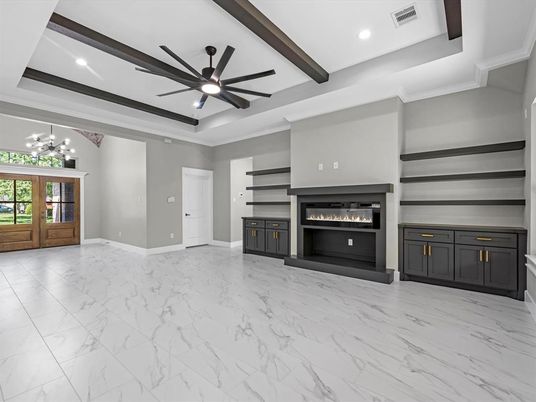 Empty room, Fireplace, Interior, Marble, Recessed Lighting, Wooden Beams