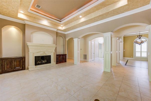 Chandelier, Empty room, Fireplace, Interior, Recessed Lighting