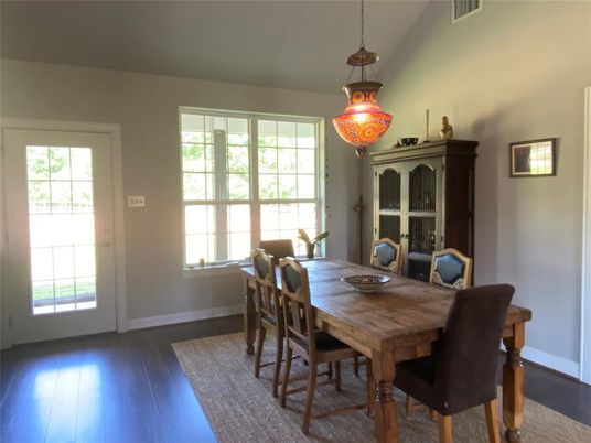 Dining room, Interior, Pendant Lights, Wood Texture Flooring