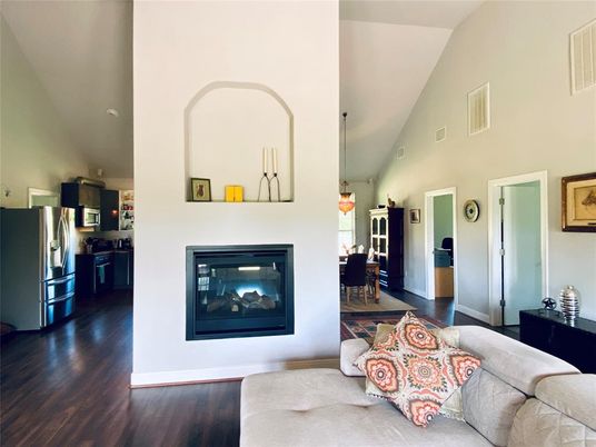 Dining room, Fireplace, Interior, Kitchen, Living room, Stainless Steel Appliances, Wood Texture Flooring