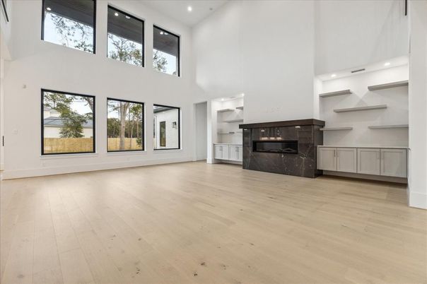 Empty room, Fireplace, Interior, Recessed Lighting, Wood Texture Flooring