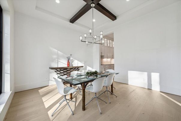 Dining room, Interior, Pendant Lights, Recessed Lighting, Wooden Beams, Wood Texture Flooring