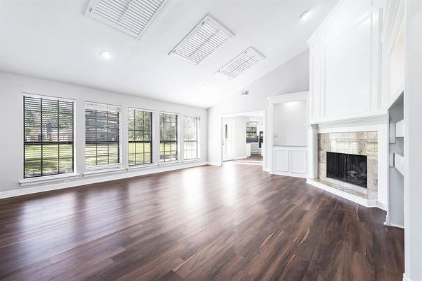 Empty room, Fireplace, Interior, Recessed Lighting, Wood Texture Flooring