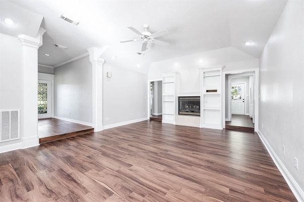 Empty room, Fireplace, Interior, Recessed Lighting, Wood Texture Flooring