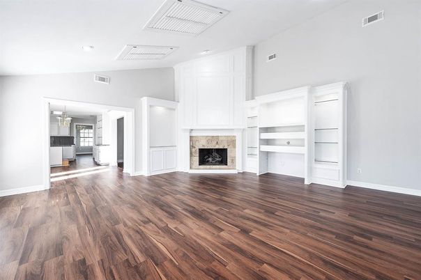 Empty room, Fireplace, Interior, Recessed Lighting, Wood Texture Flooring