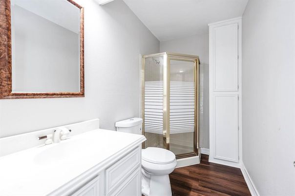 Bathroom, Glass Shower, Interior, Wood Texture Flooring