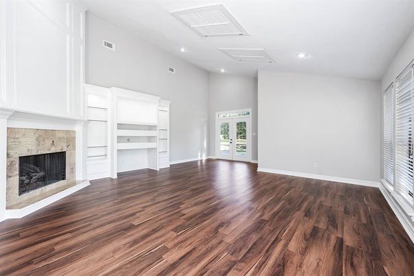 Empty room, Fireplace, Interior, Recessed Lighting, Wood Texture Flooring