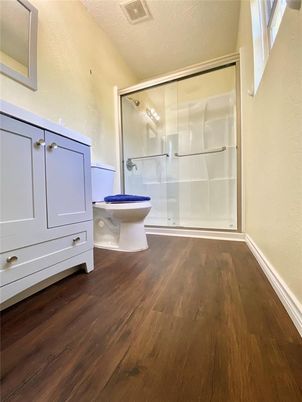 Bathroom, Glass Shower, Interior, Wood Texture Flooring