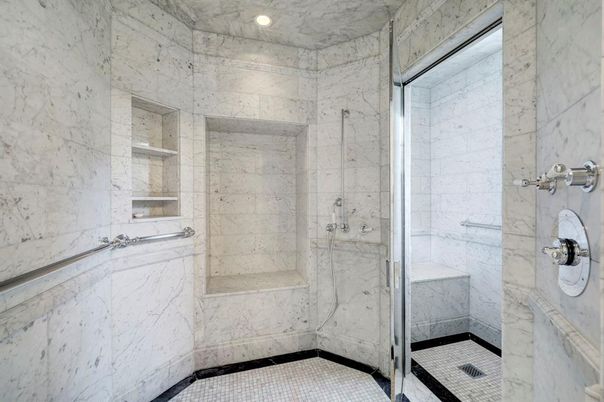 Bathroom, Glass Shower, Interior, Marble Walls, Recessed Lighting