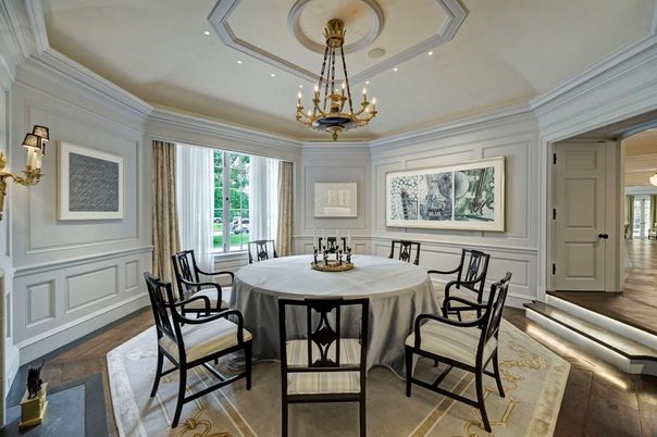Chandelier, Dining room, Interior, Recessed Lighting, Wood Texture Flooring