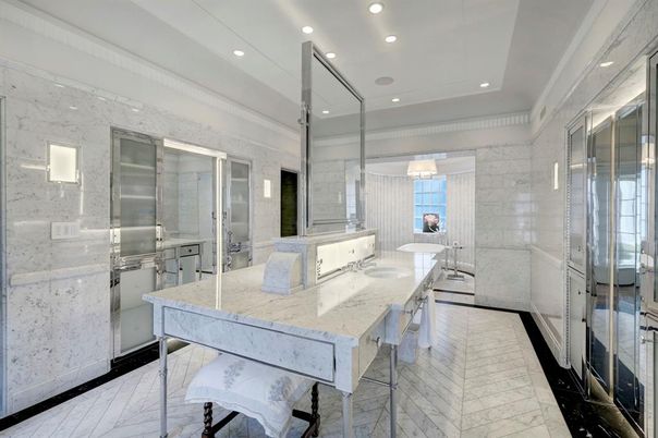 Bathroom, Dual Sink Vanities, Glass Shower, Interior, Marble, Marble Walls, Recessed Lighting