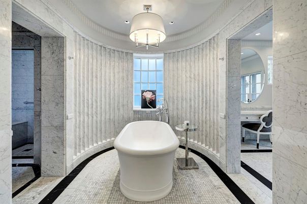 Bathroom, Free Standing Baths, Interior, Marble Walls, Recessed Lighting