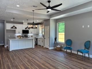Chandelier, Interior, Kitchen, Pendant Lights, Recessed Lighting, Stainless Steel Appliances, Wood Texture Flooring