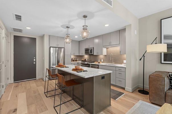 Interior, Kitchen, Pendant Lights, Recessed Lighting, Stainless Steel Appliances, Wood Texture Flooring