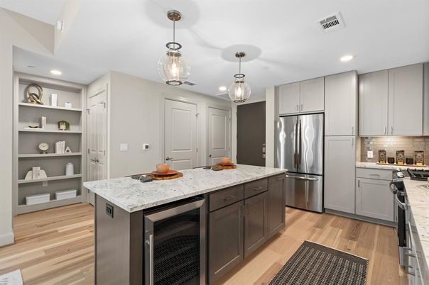 Interior, Kitchen, Pendant Lights, Recessed Lighting, Stainless Steel Appliances, Wood Texture Flooring