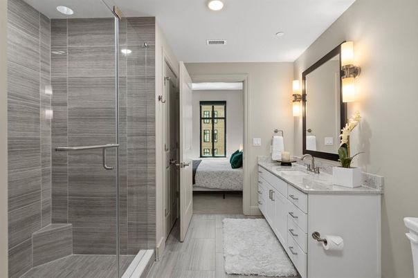 Bathroom, Bedroom, Dual Sink Vanities, Glass Shower, Interior, Recessed Lighting, Wood Texture Flooring