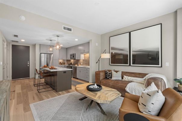 Interior, Kitchen, Living room, Pendant Lights, Recessed Lighting, Stainless Steel Appliances, Wood Texture Flooring