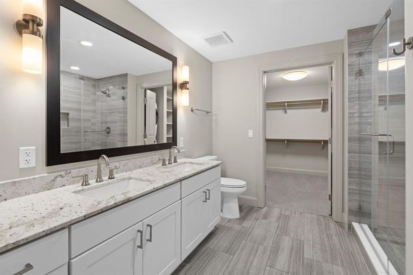 Bathroom, Dual Sink Vanities, Glass Shower, Interior, Recessed Lighting
