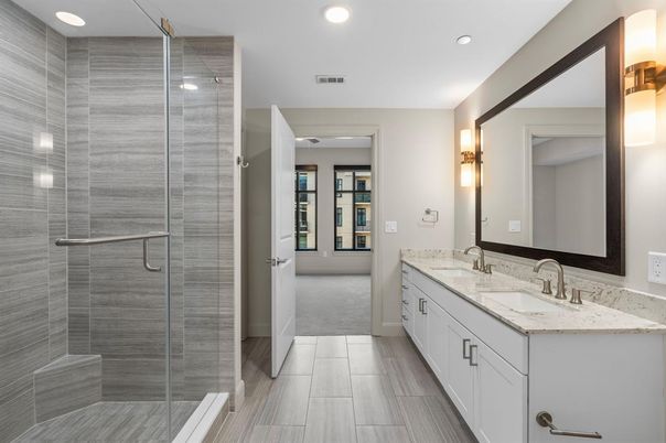 Bathroom, Dual Sink Vanities, Glass Shower, Interior, Recessed Lighting