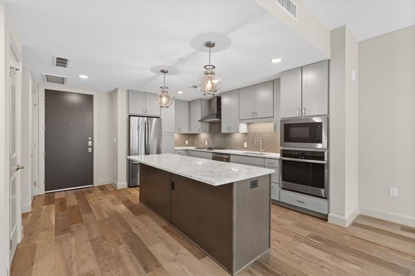 Interior, Kitchen, Pendant Lights, Recessed Lighting, Stainless Steel Appliances, Wood Texture Flooring