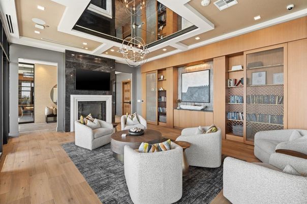 Fireplace, Interior, Living room, Pendant Lights, Recessed Lighting, Wood Texture Flooring, Wooden Walls