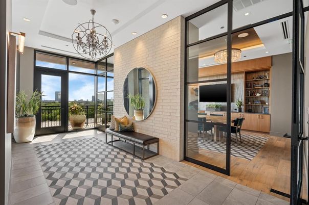 Chandelier, Interior, Recessed Lighting, Stone Walls, Wood Texture Flooring