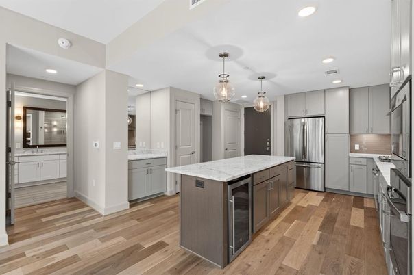 Interior, Kitchen, Pendant Lights, Recessed Lighting, Stainless Steel Appliances, Wood Texture Flooring