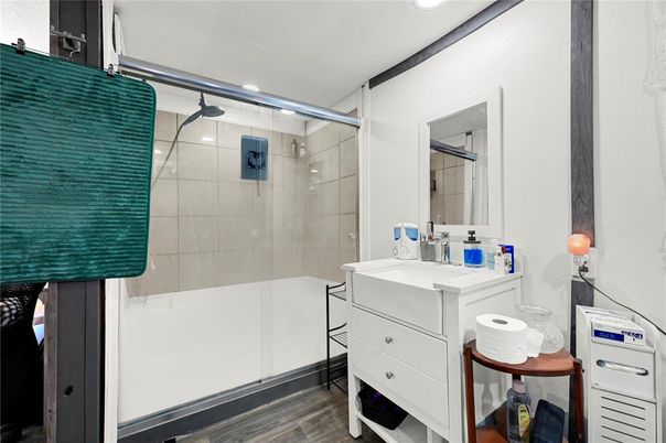 Bathroom, Glass Shower, Interior, Recessed Lighting, Wood Texture Flooring
