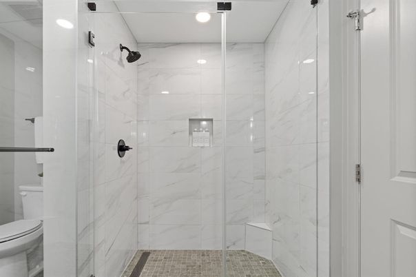 Bathroom, Glass Shower, Interior, Marble Walls, Recessed Lighting