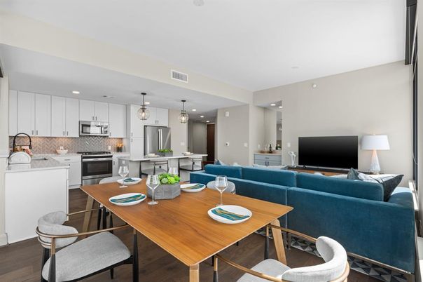 Dining room, Interior, Kitchen, Living room, Pendant Lights, Recessed Lighting, Stainless Steel Appliances, Wood Texture Flooring
