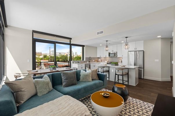 Dining room, Interior, Kitchen, Living room, Pendant Lights, Recessed Lighting, Stainless Steel Appliances, Wood Texture Flooring