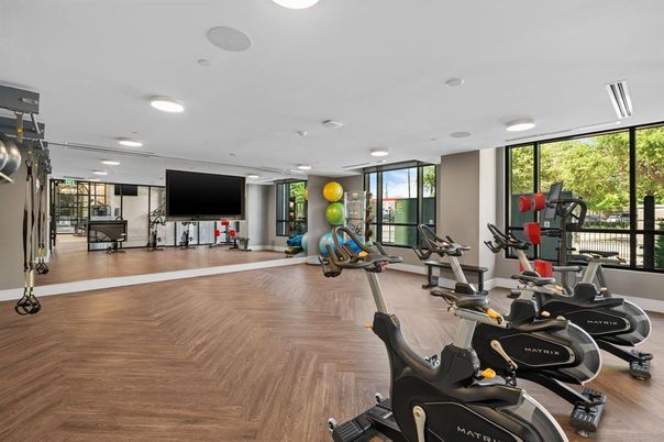 Fitness Equipment, Gym, Interior, Recessed Lighting, Wood Texture Flooring