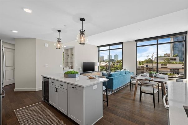 Dining room, Interior, Kitchen, Living room, Pendant Lights, Recessed Lighting, Wood Texture Flooring