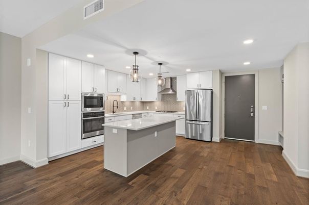 Interior, Kitchen, Pendant Lights, Recessed Lighting, Stainless Steel Appliances, Wood Texture Flooring