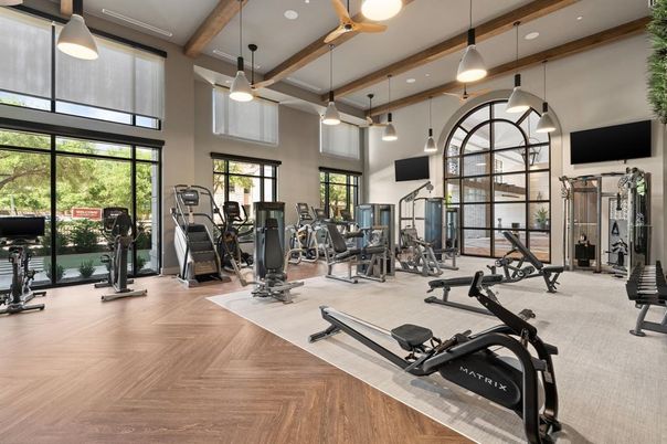 Fitness Equipment, Gym, Interior, Pendant Lights, Recessed Lighting, Wooden Beams, Wood Texture Flooring