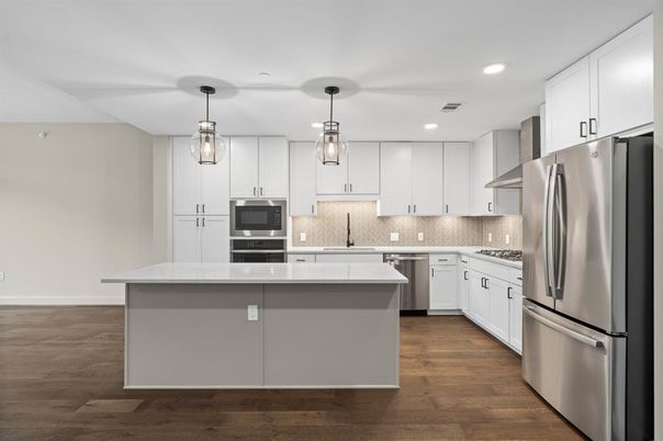Interior, Kitchen, Pendant Lights, Recessed Lighting, Stainless Steel Appliances, Wood Texture Flooring