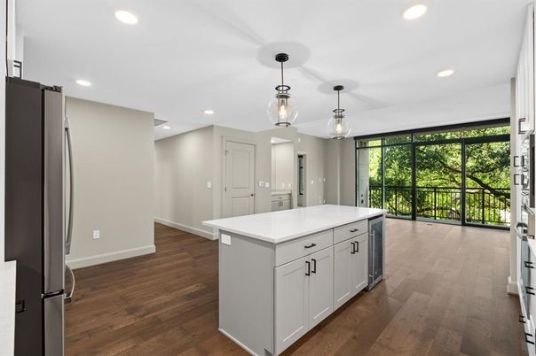Interior, Kitchen, Pendant Lights, Recessed Lighting, Wood Texture Flooring
