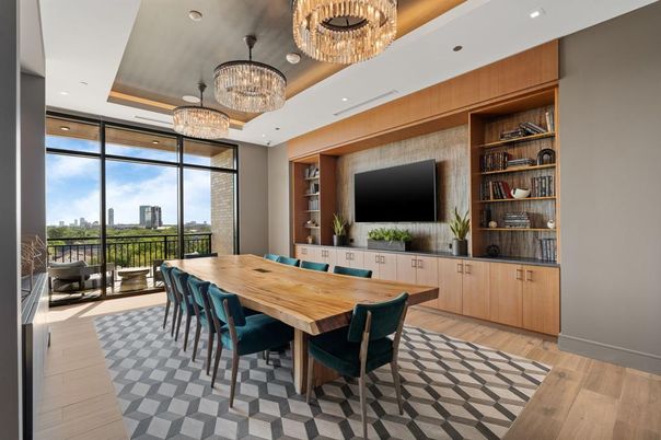 Chandelier, Dining room, Interior, Recessed Lighting, Wood Texture Flooring